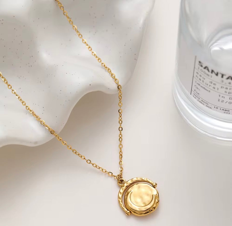 Sun & Moon 18k Gold Plated Necklace Rotatable Pendant