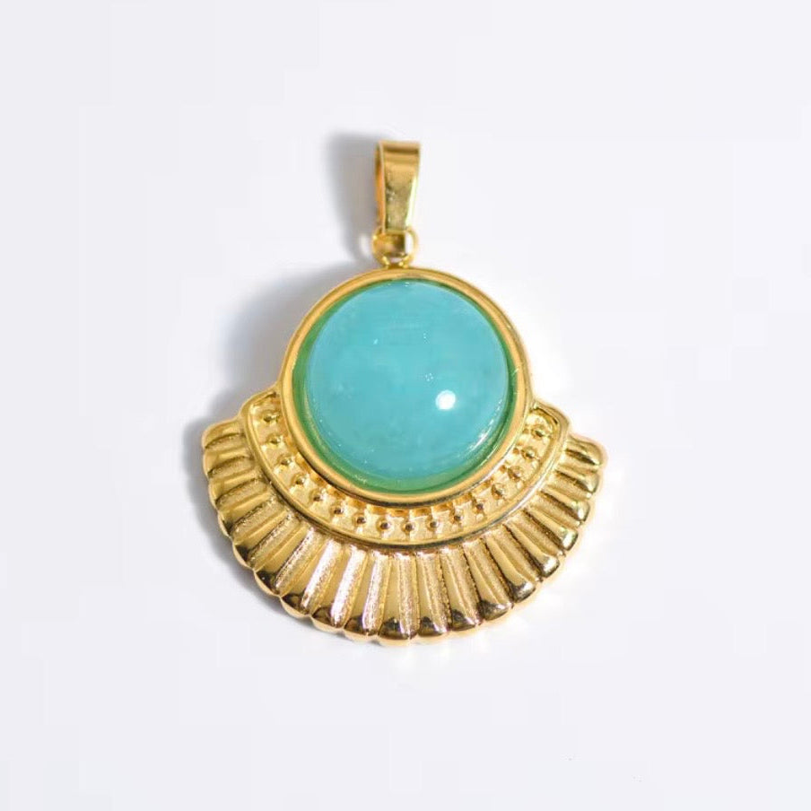 18k Gold Paperclip Necklace with Turquoise & Gold Fan Pendant