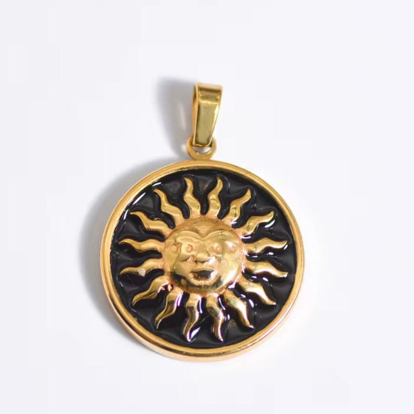 18k Gold Paperclip Necklace with Black Sunburst Pendant