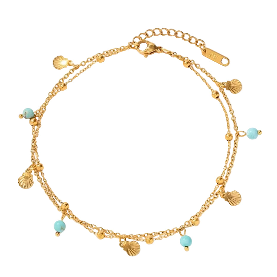 Double Layered Turquoise & Shell Anklet Chain
