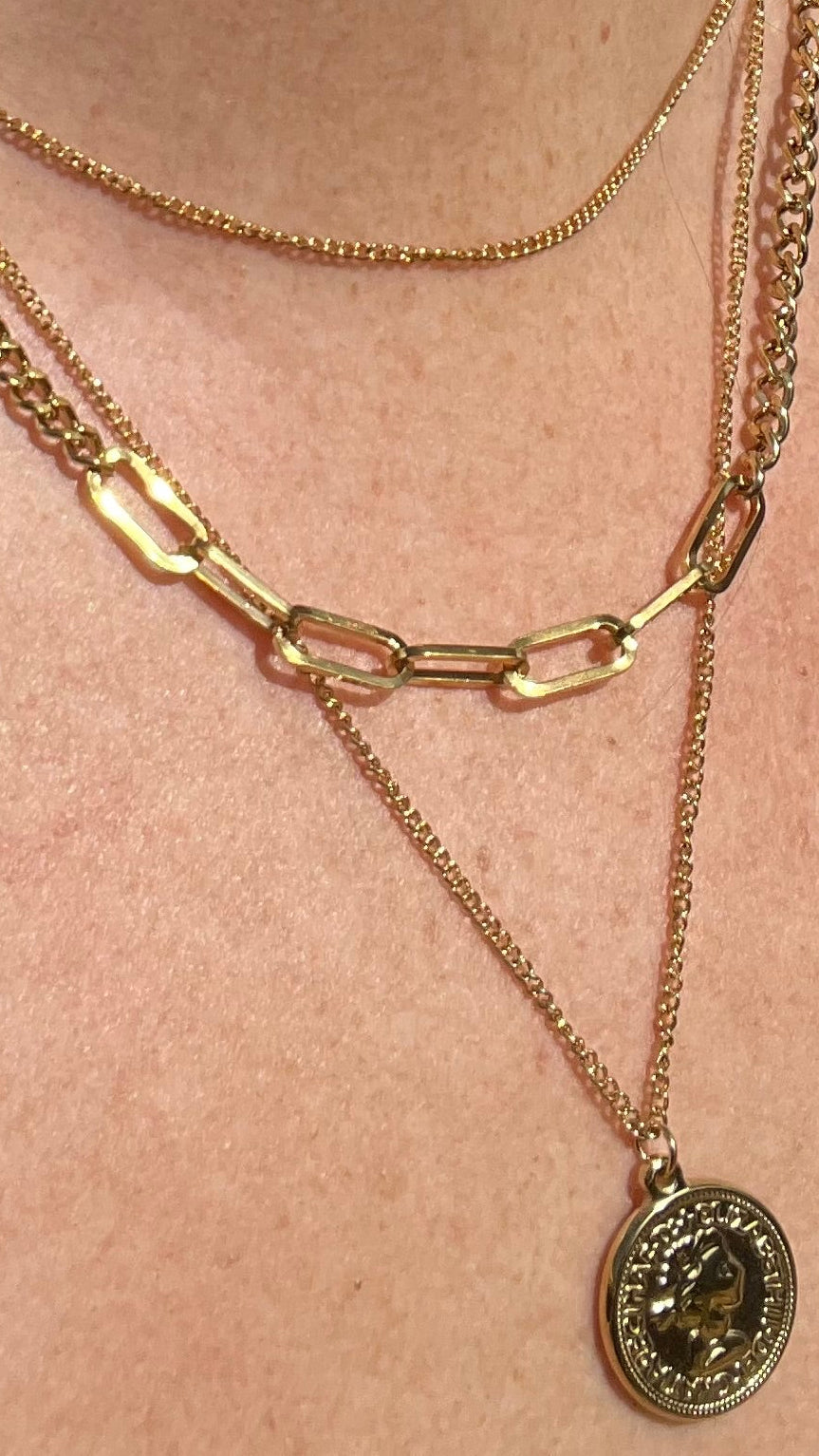 Triple Layer Chain Necklace with Coin Pendant