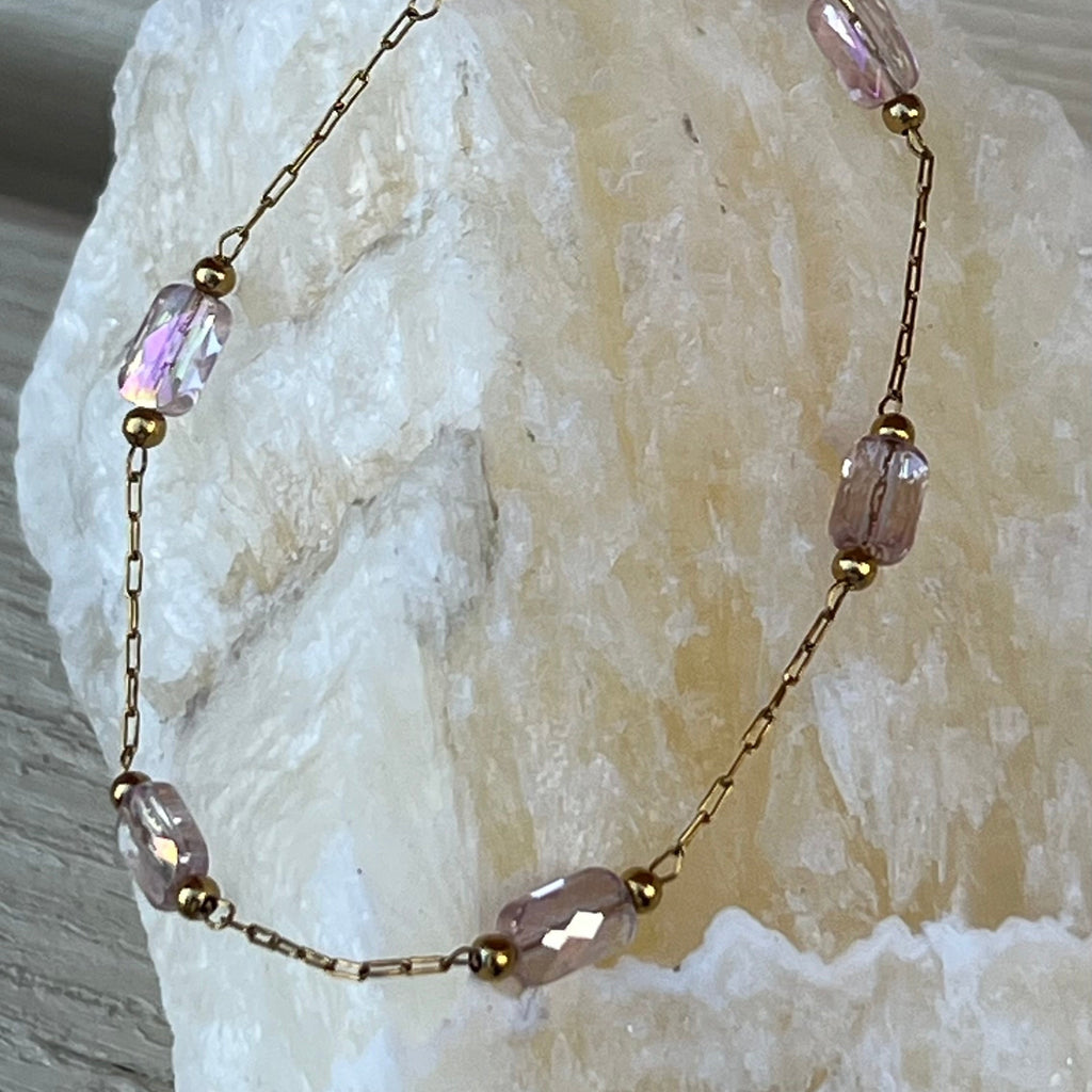 Pale Pink Glass Crystal Bead Gold Bracelet