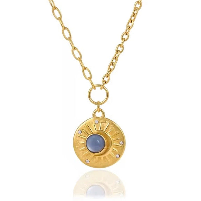 Blue Resin & Gem Sun Pendant on 18k Gold Plated Cable Chain