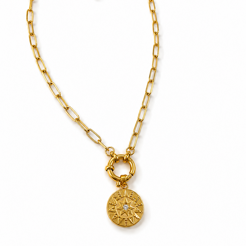 18k Gold Paperclip Necklace with Eight Pointed Star Gold Pendant