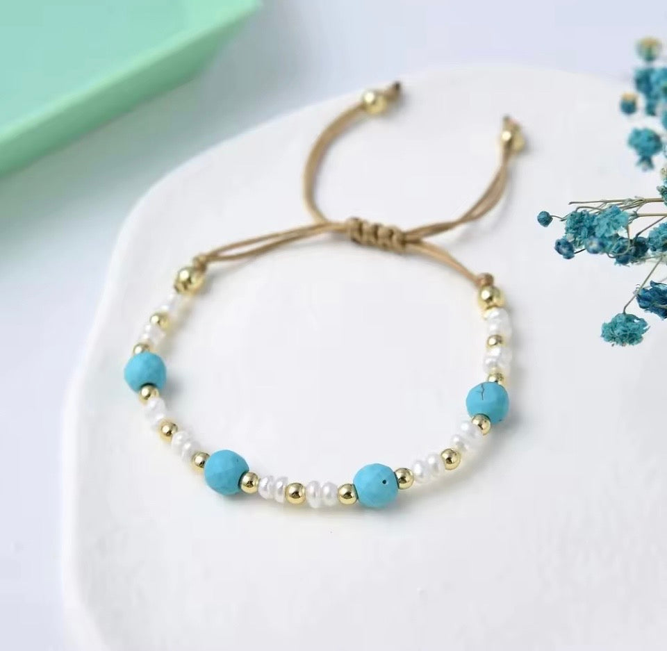 Handmade Turquoise, Pearl & Gold Bead Cord Bracelet
