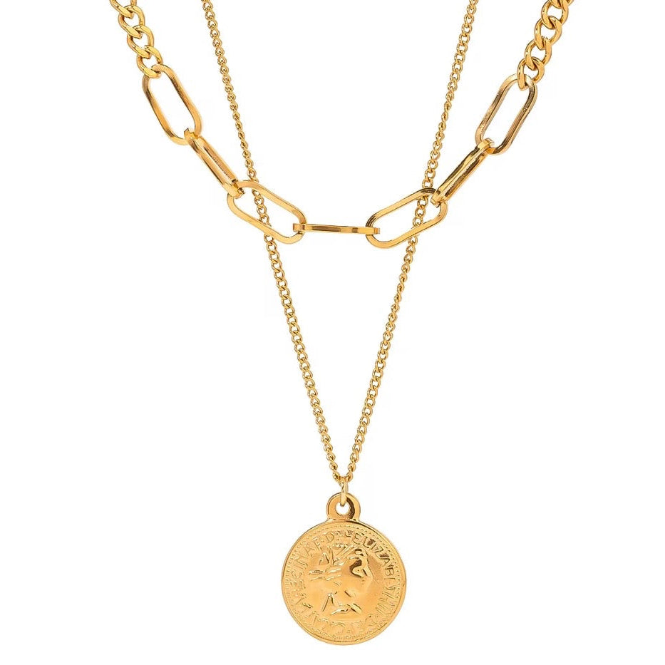 Triple Layer Chain Necklace with Coin Pendant
