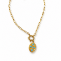 18k Gold Paperclip Necklace with Blue Sheild