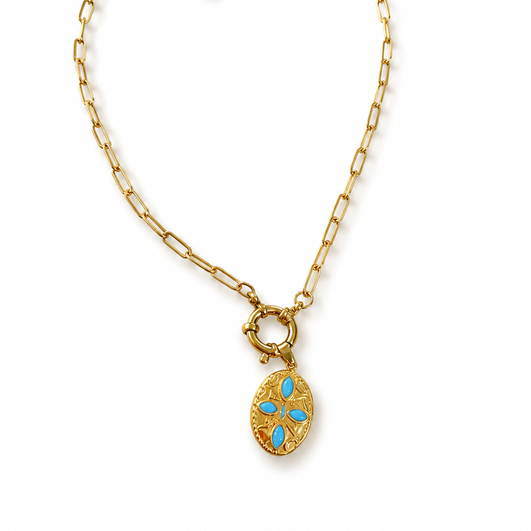 18k Gold Paperclip Necklace with Blue Sheild