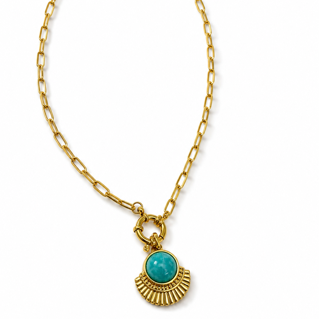 18k Gold Paperclip Necklace with Turquoise & Gold Fan Pendant