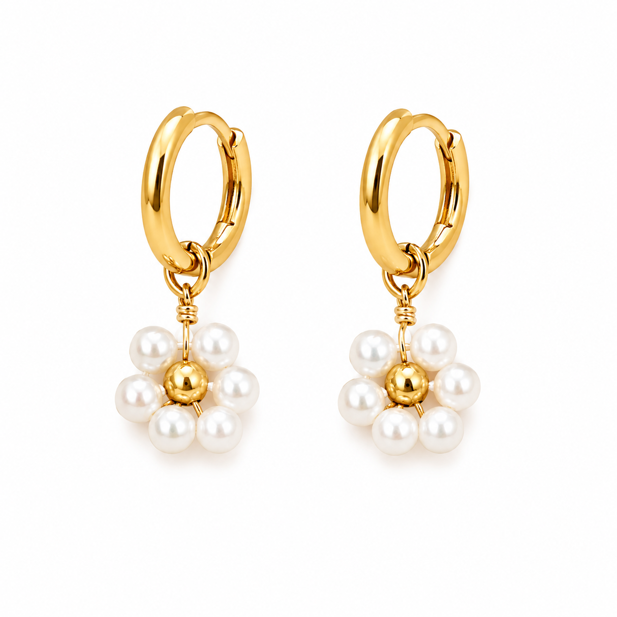 Handmade Daisy Beaded Pearl White Hoop Earrings