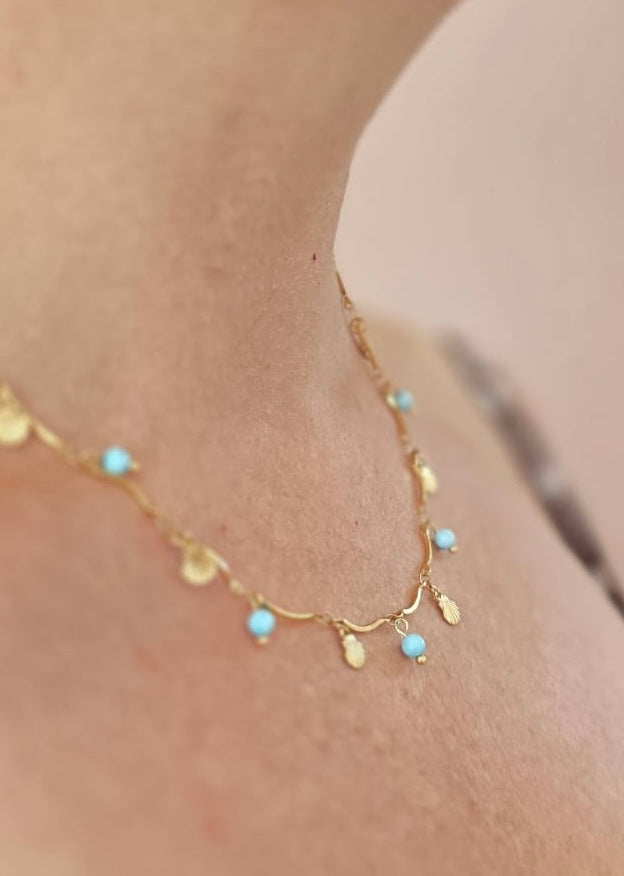 Turquoise Coloured Bead & 18K Gold Plated Shell Charm Necklace