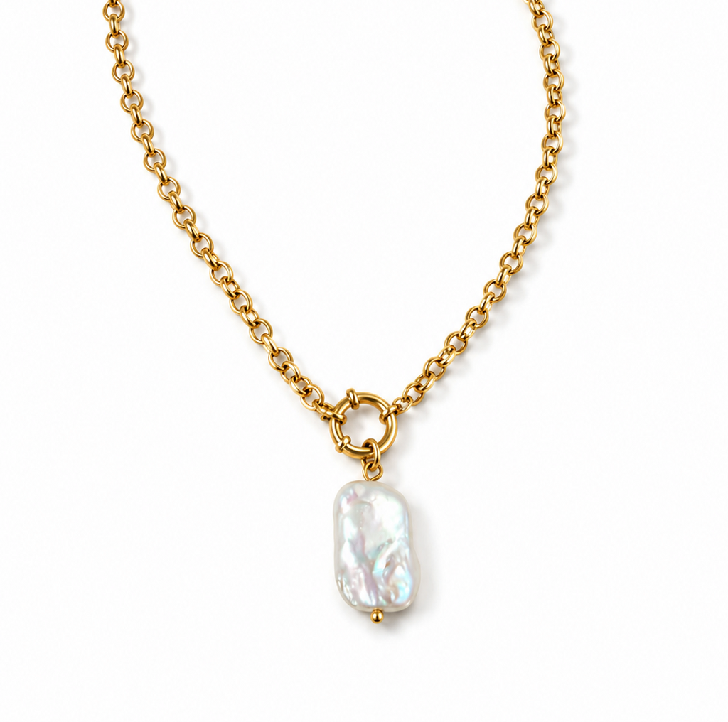18k Gold Cable Necklace with  Large Pearl Pendant