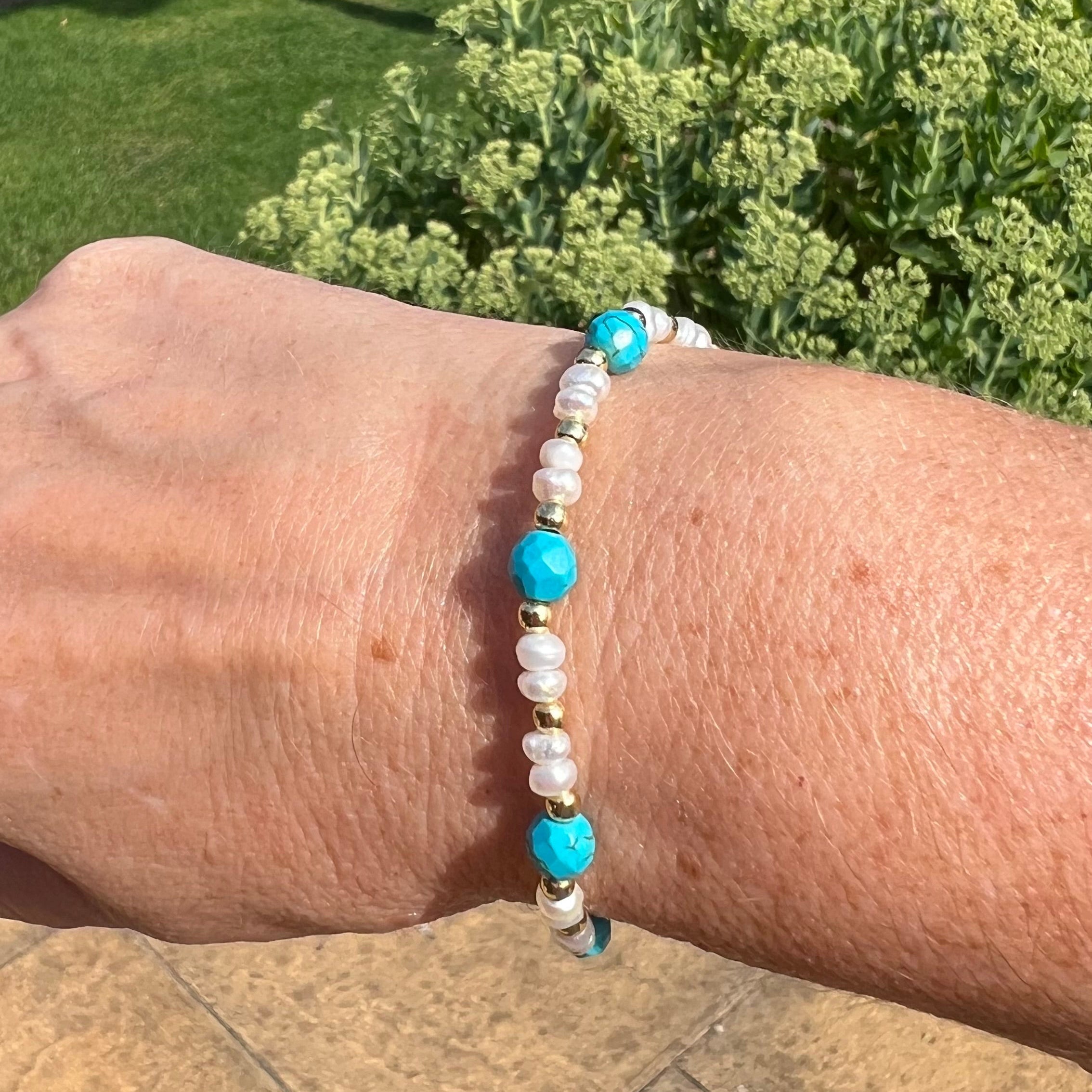Handmade Turquoise, Pearl & Gold Bead Cord Bracelet