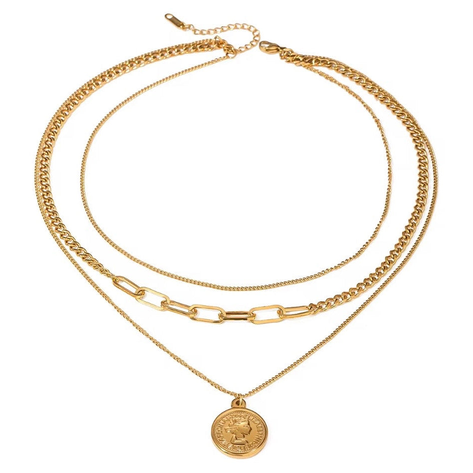 Triple Layer Chain Necklace with Coin Pendant