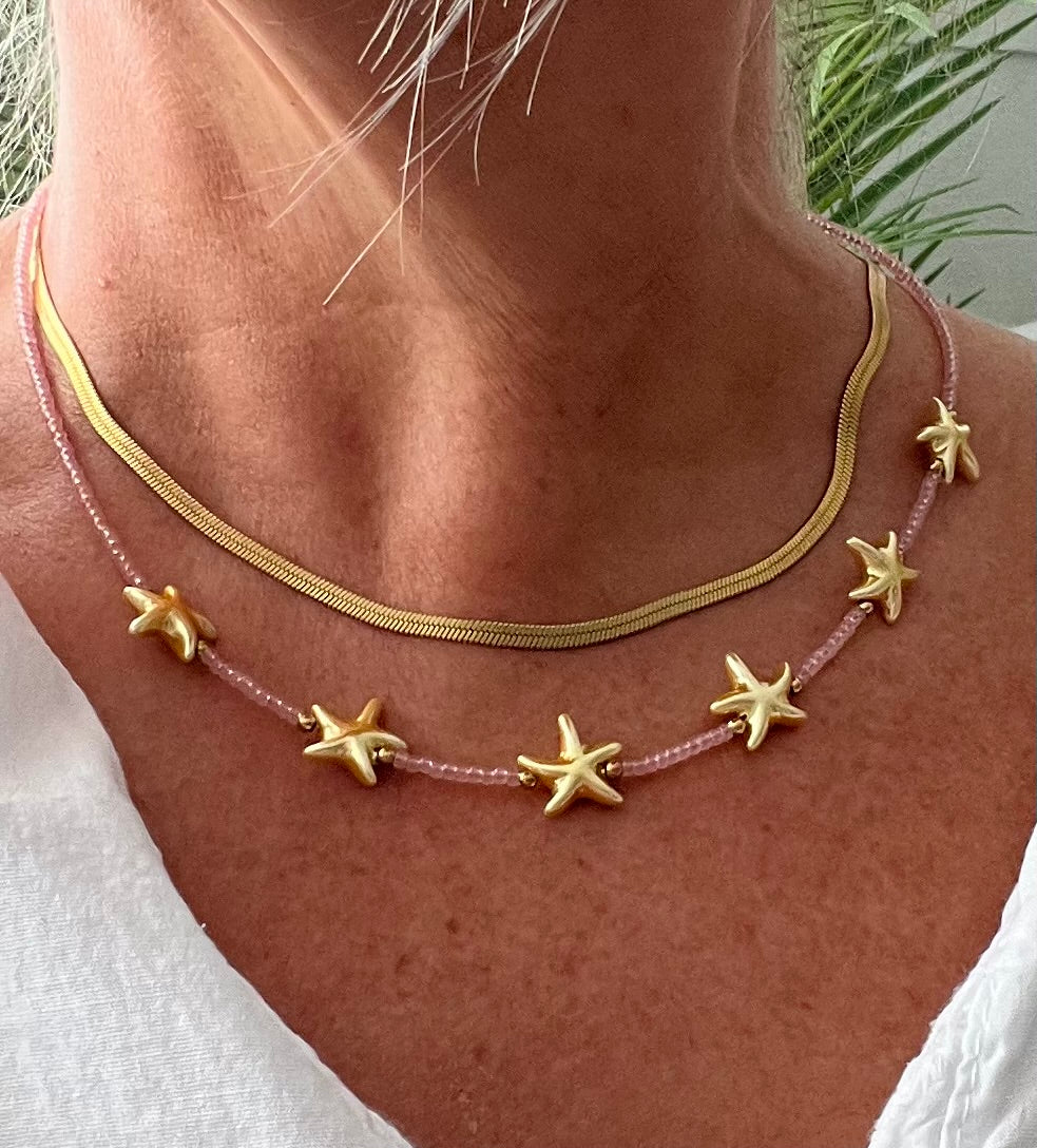 Summer Beach Pale Pink Rice Beaded and Starfish Necklace