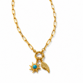 18k Gold Paperclip Necklace with Angel Wing & Turquoise Sun  Pendant