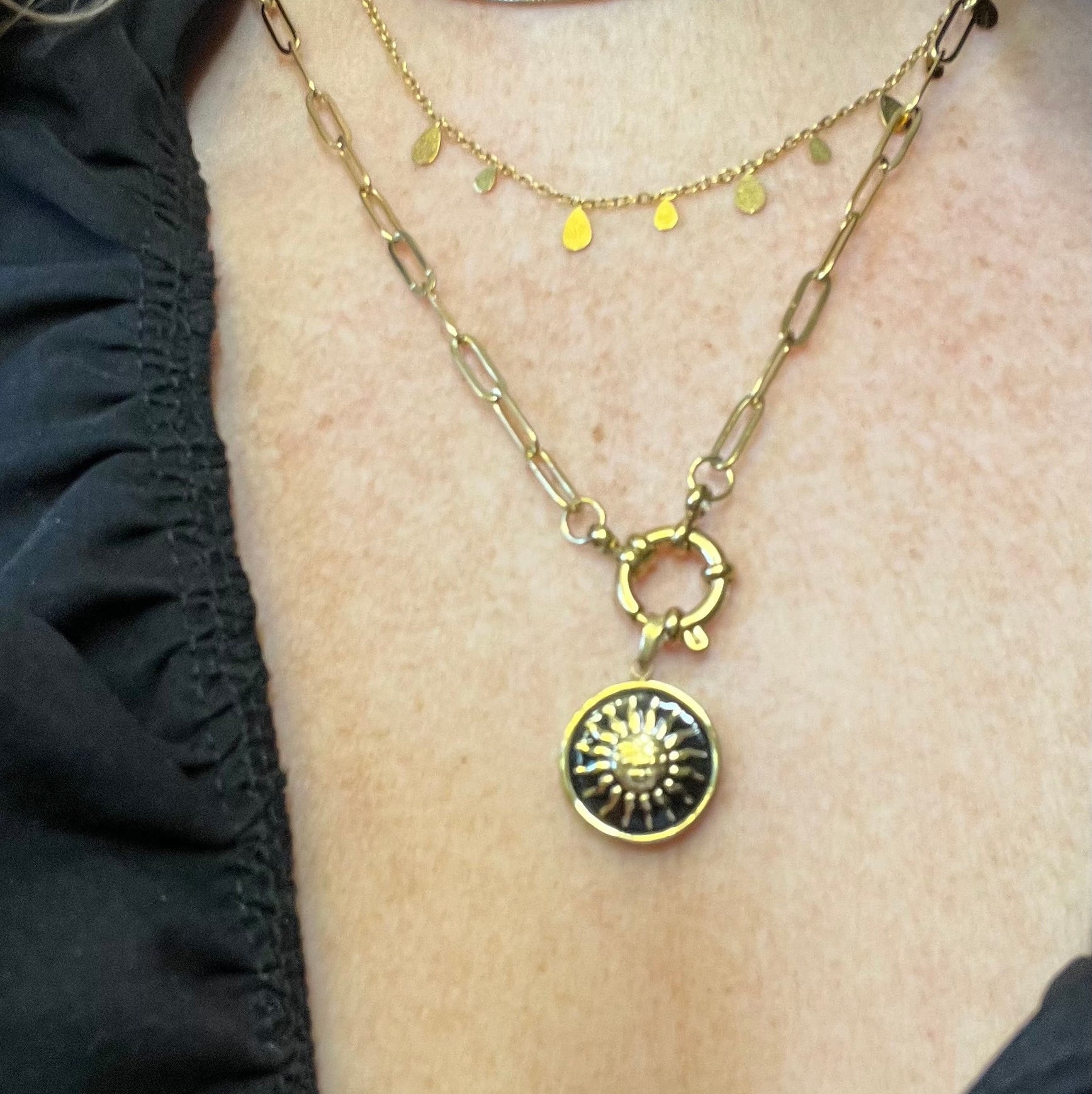 18k Gold Paperclip Necklace with Black Sunburst Pendant