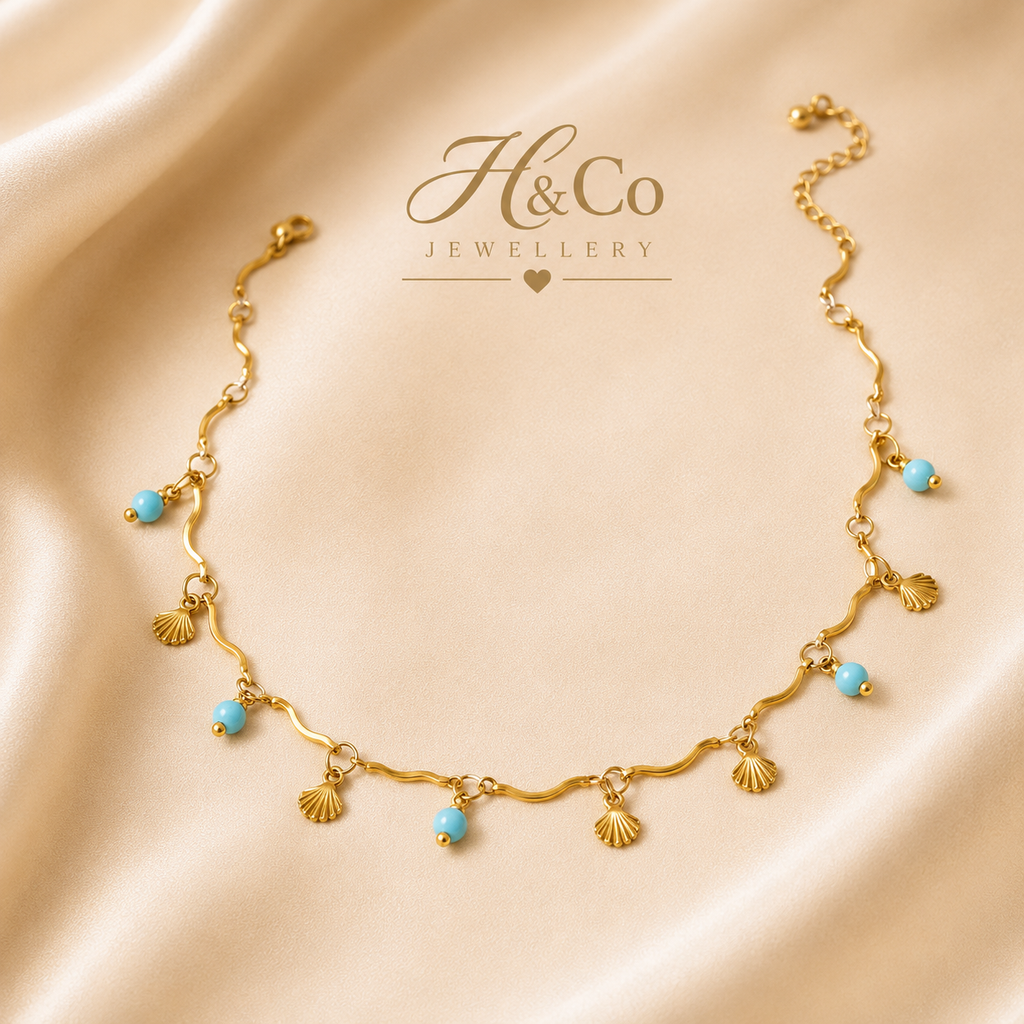 Turquoise Coloured Bead & 18K Gold Plated Shell Charm Necklace