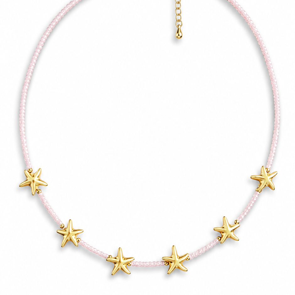 Summer Beach Pale Pink Rice Beaded and Starfish Necklace