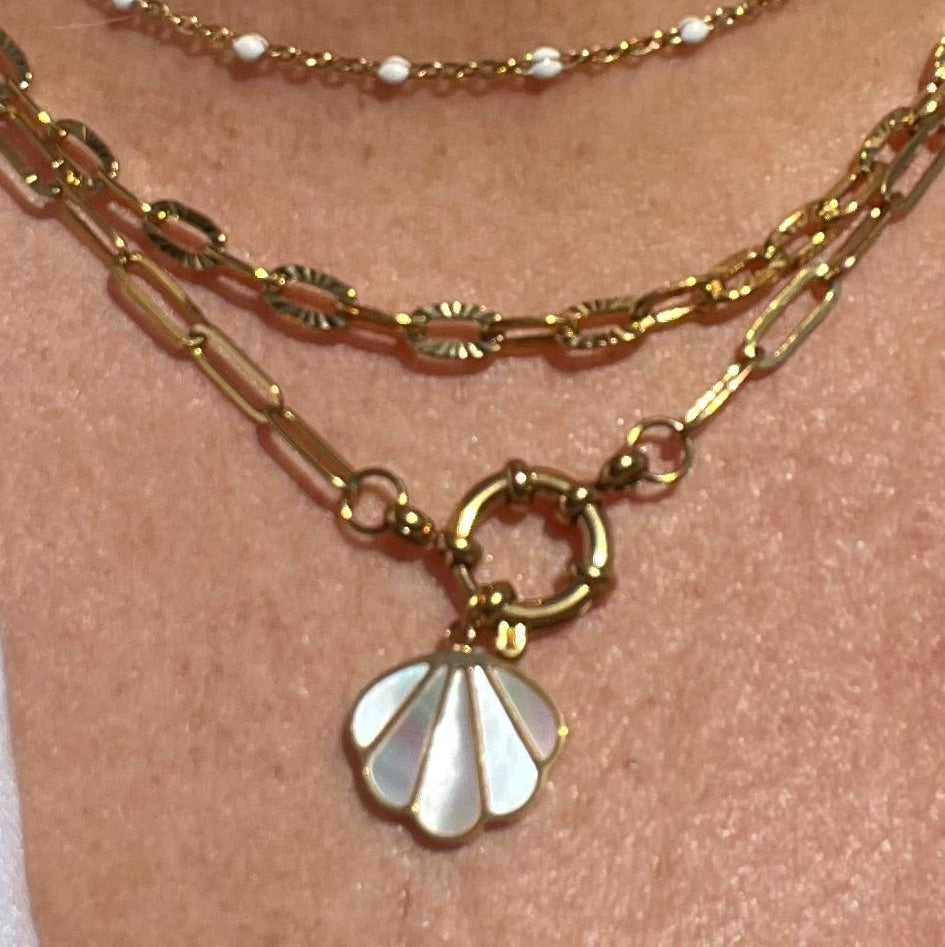 18k Gold Paperclip Necklace with Clam Shell Pendant