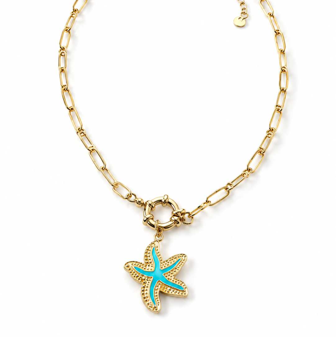 18k Gold Paperclip Necklace with Turquoise Starfish Pendant