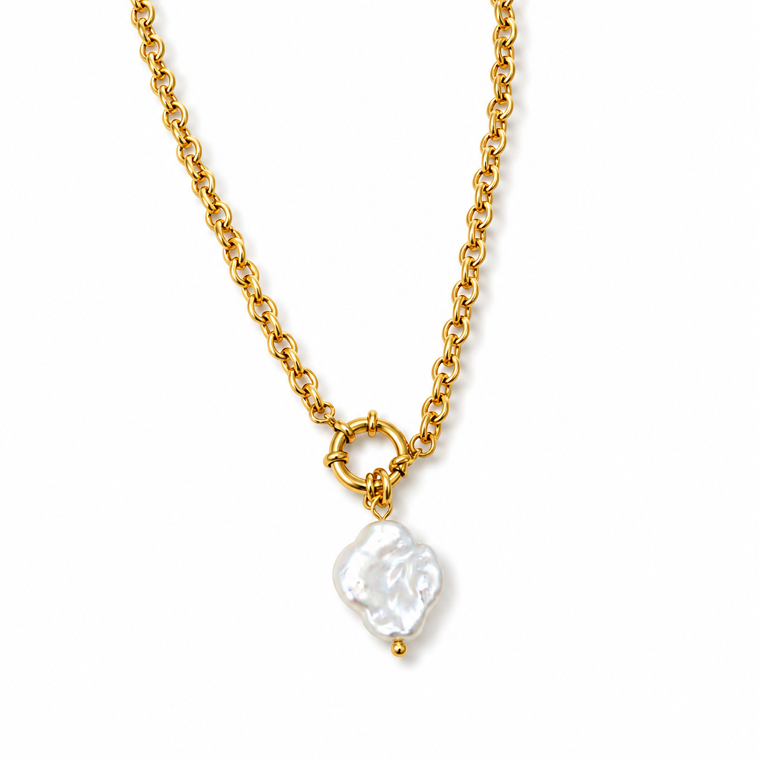18k Gold Cable Necklace with Flower Shape Pearl Pendant