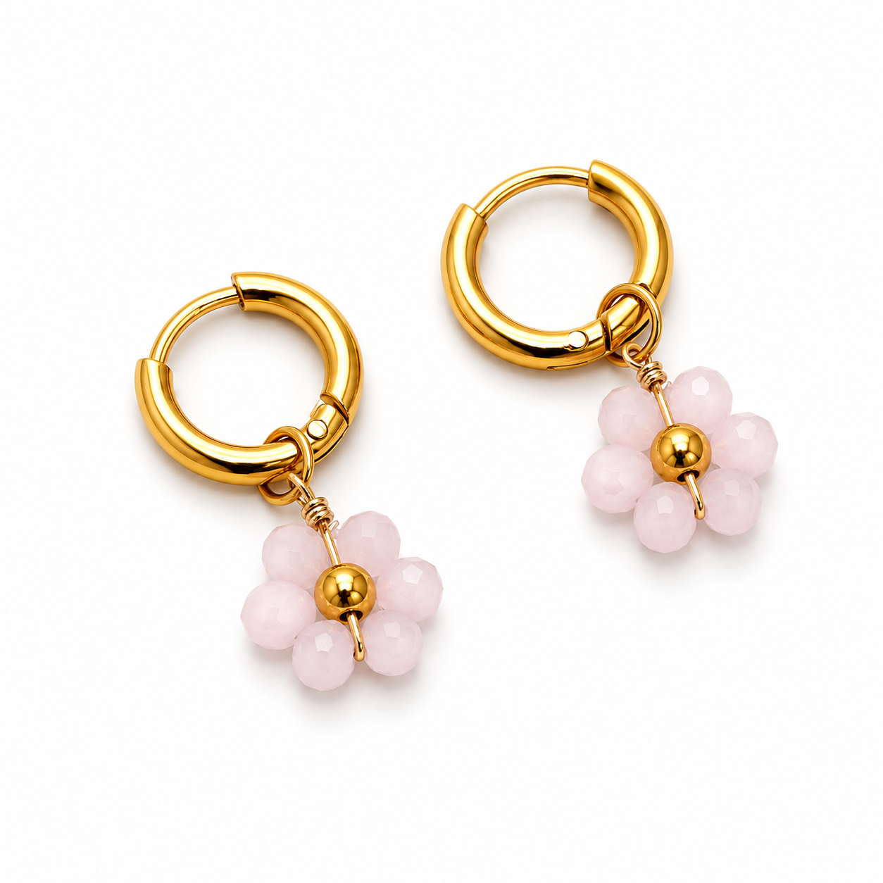 Handmade Daisy Beaded Pale Pink Hoop Earrings