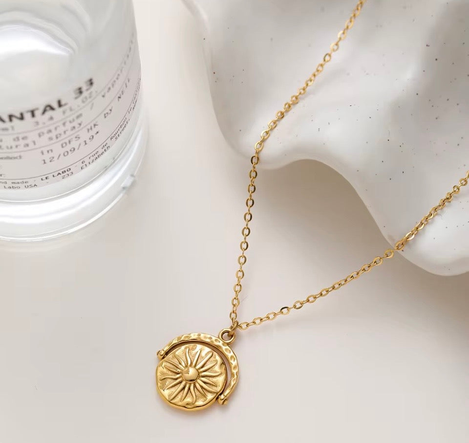 Sun & Moon 18k Gold Plated Necklace Rotatable Pendant