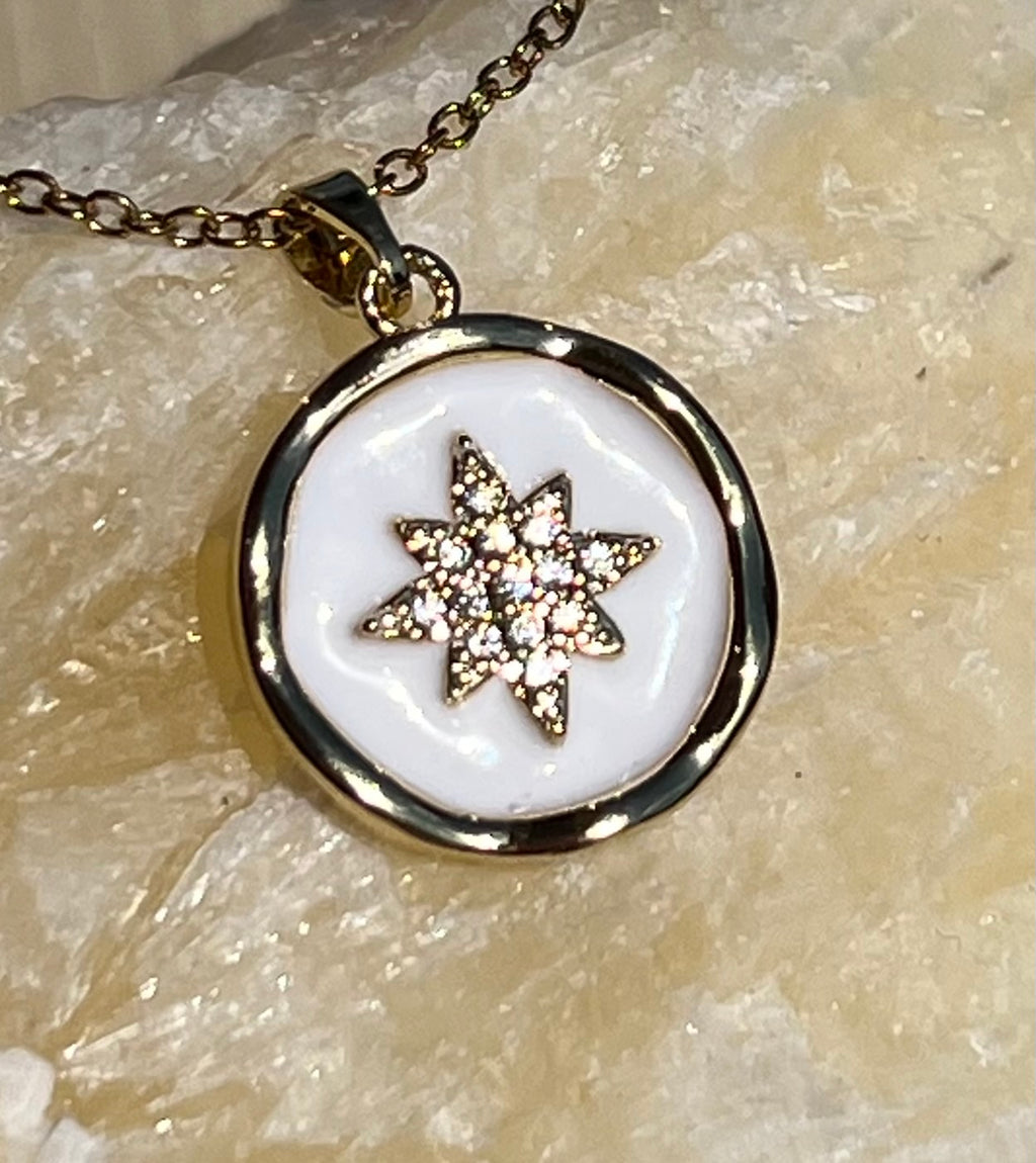 White Enamel & Gem Star Pendant on Fine 18k Gold Plated Chain