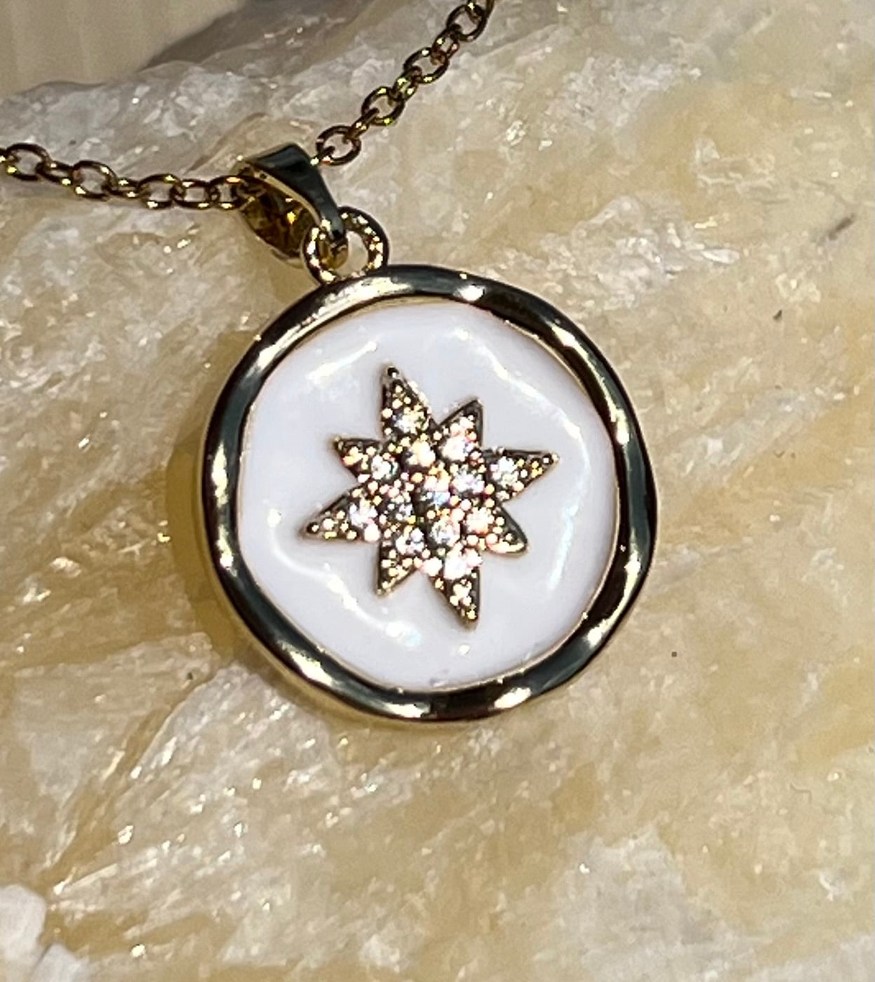 White Enamel & Gem Star Pendant on Fine 18k Gold Plated Chain