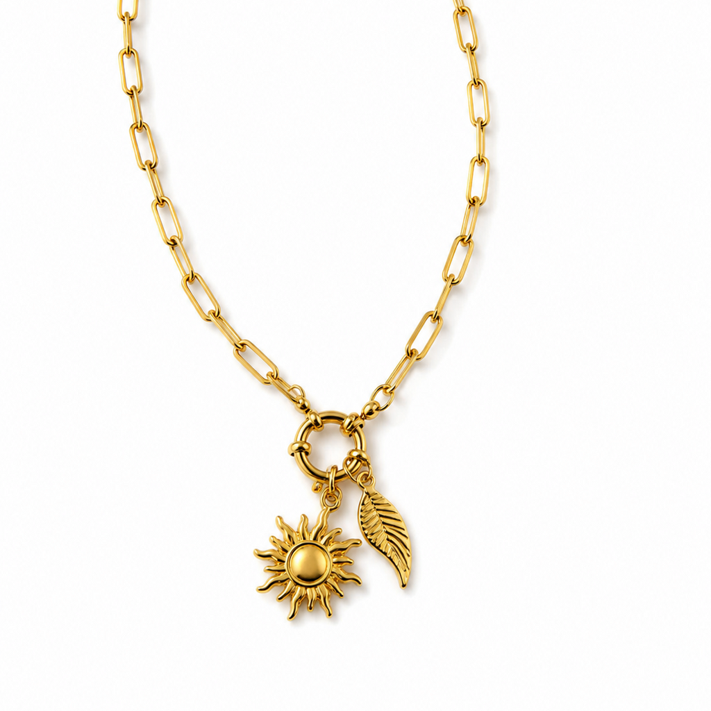18k Gold Paperclip Necklace with Angel Wing & Gold Sun Pendant