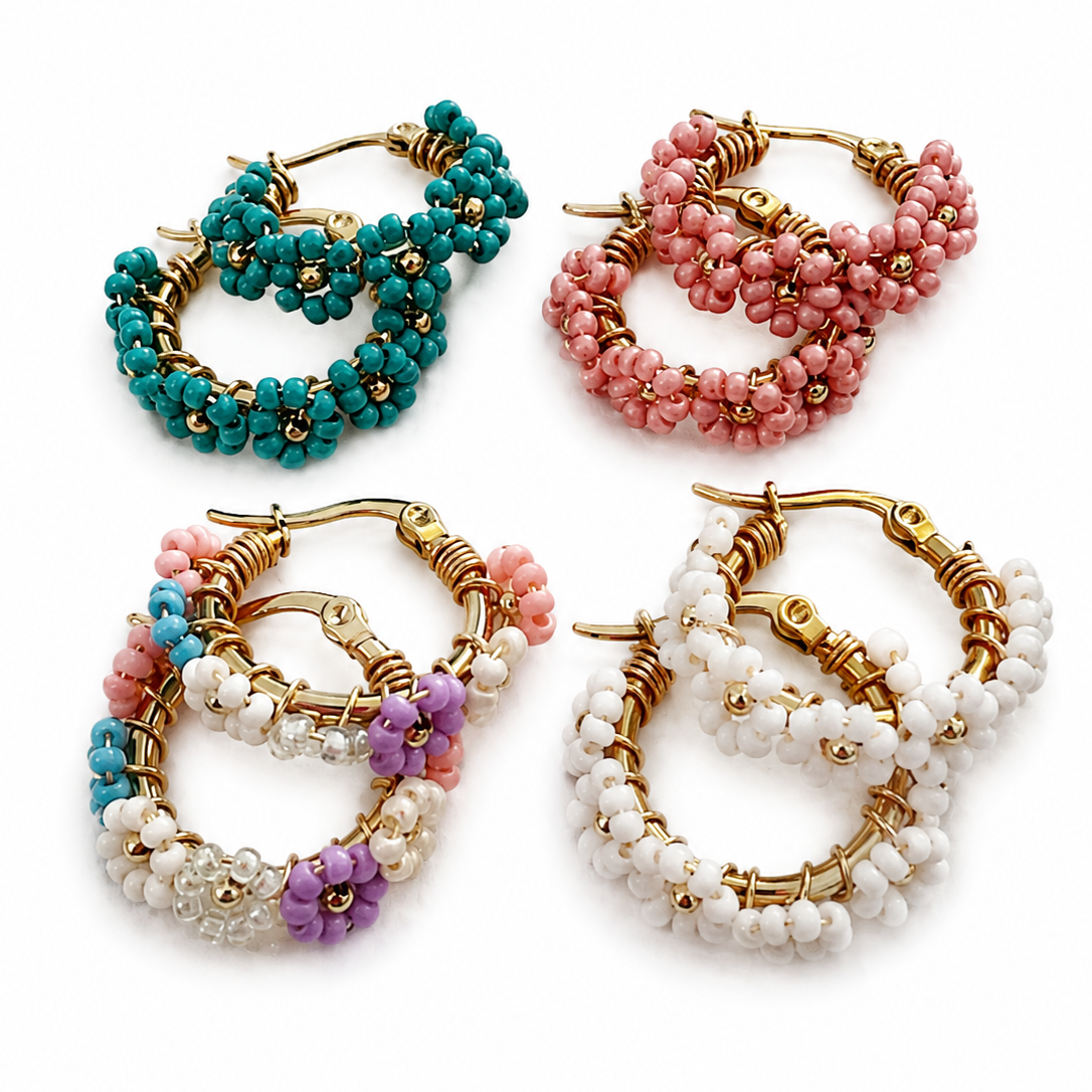 Handmade Beaded Daisy Hoop Earrings