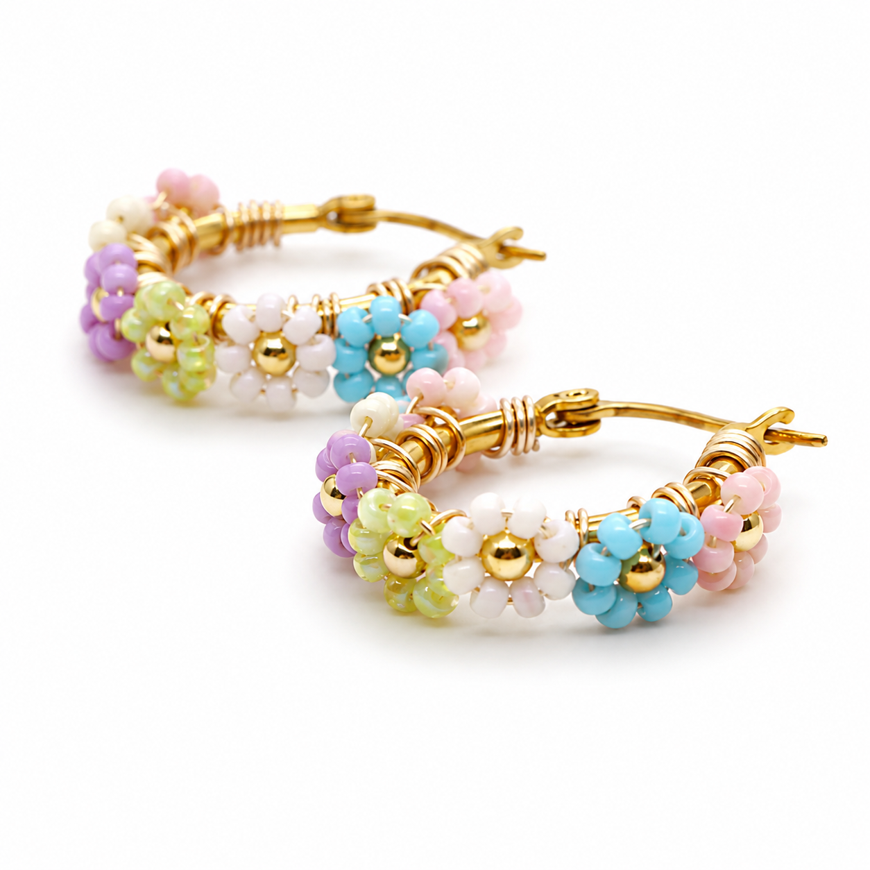 Handmade Beaded Daisy Hoop Earrings