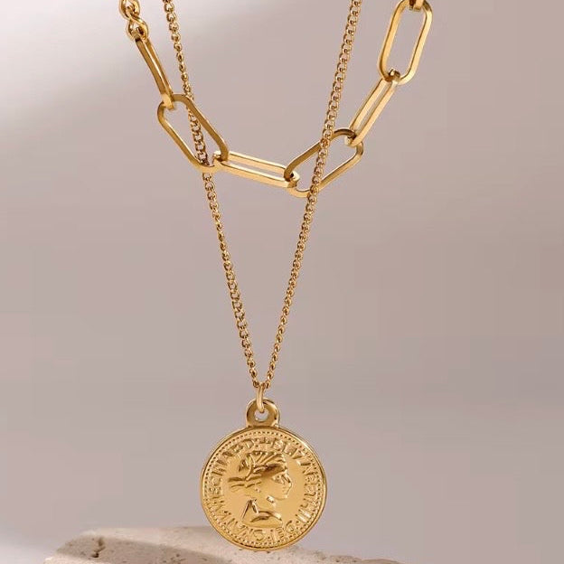 Triple Layer Chain Necklace with Coin Pendant