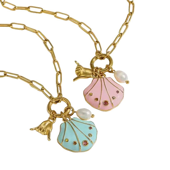 18k gold Ocean Shell Pendant Necklace on Paperclip Chain