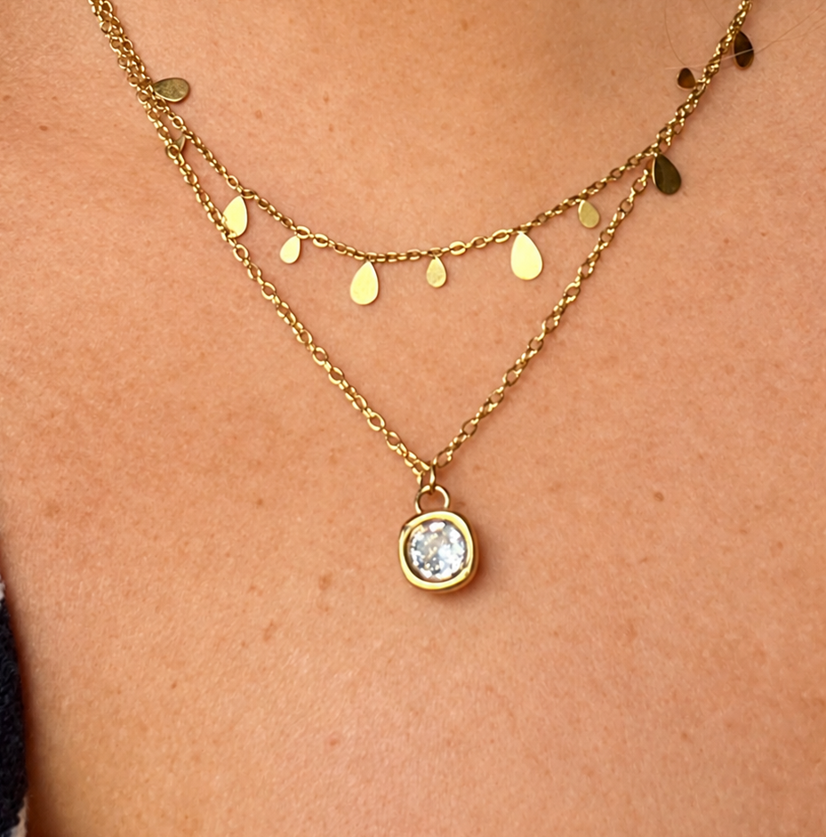 Clear Zircon Gem Drop Pendant 18K Gold Plated Necklace