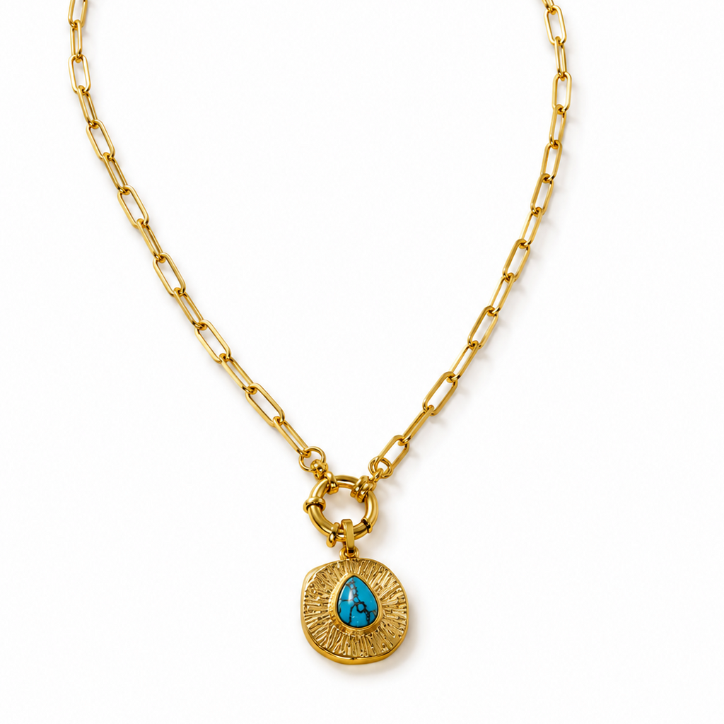 18k Gold Paperclip Necklace with Turquoise & Gold Round Pendant