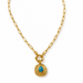 18k Gold Paperclip Necklace with Turquoise & Gold Round Pendant