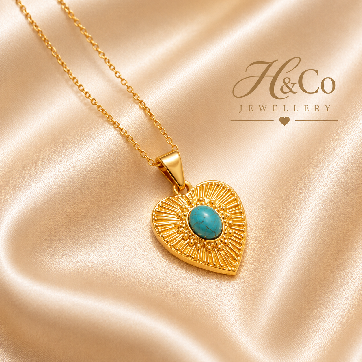 18K GOLD HEART AND TURQUOISE STONE PENDANT NECKLACE