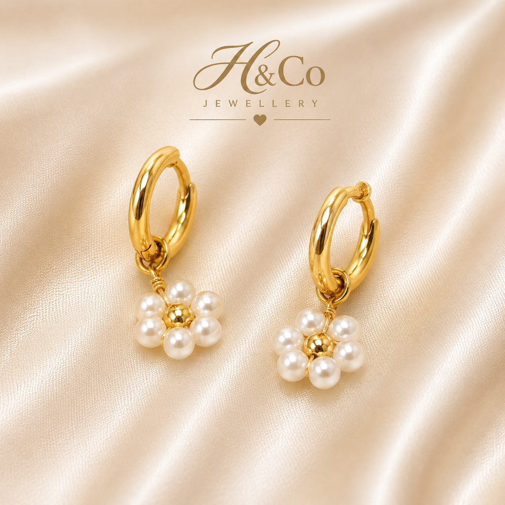 Handmade Daisy Beaded Pearl White Hoop Earrings