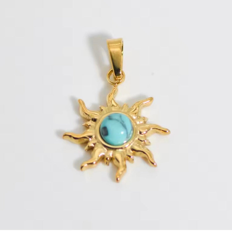 18k Gold Paperclip Necklace with Angel Wing & Turquoise Sun  Pendant