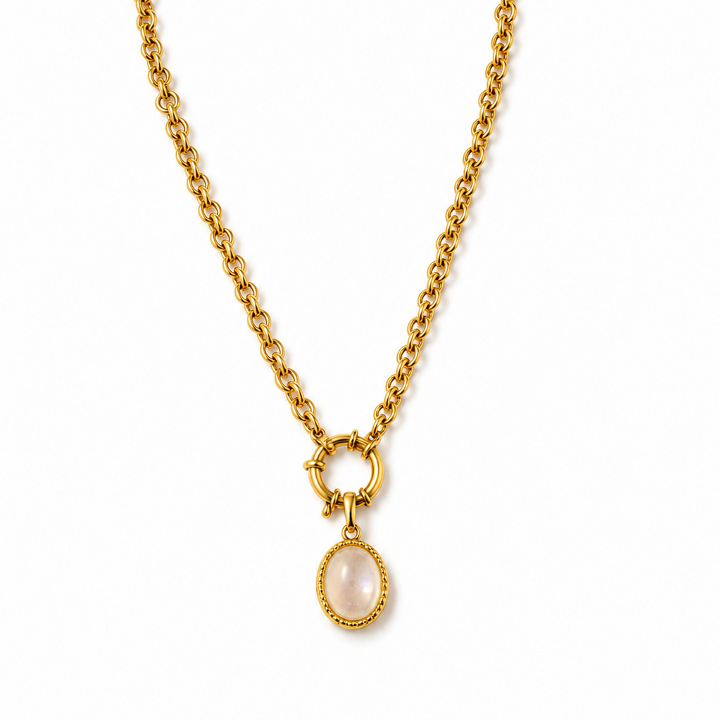 18k Gold Cable Necklace with Pearly White Stone & Gold Pendant