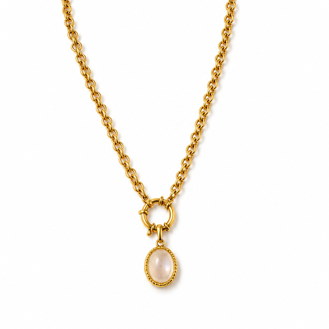 18k Gold Cable Necklace with Pearly White Stone & Gold Pendant