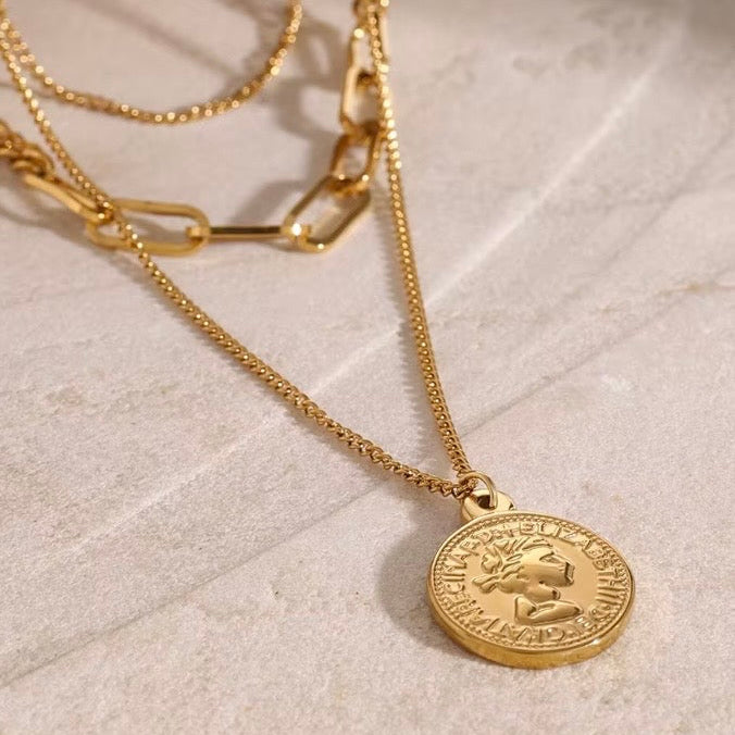 Triple Layer Chain Necklace with Coin Pendant