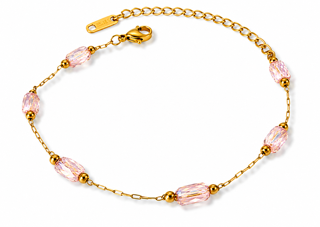 Pale Pink Glass Crystal Bead Gold Bracelet