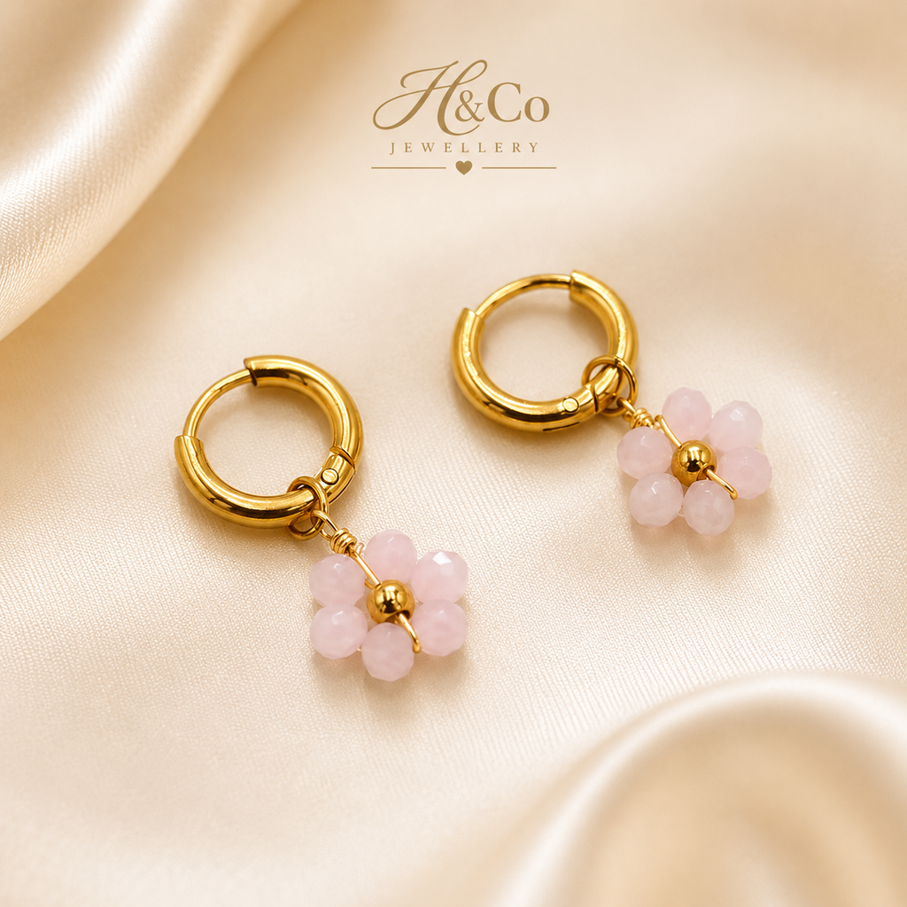 Handmade Daisy Beaded Pale Pink Hoop Earrings