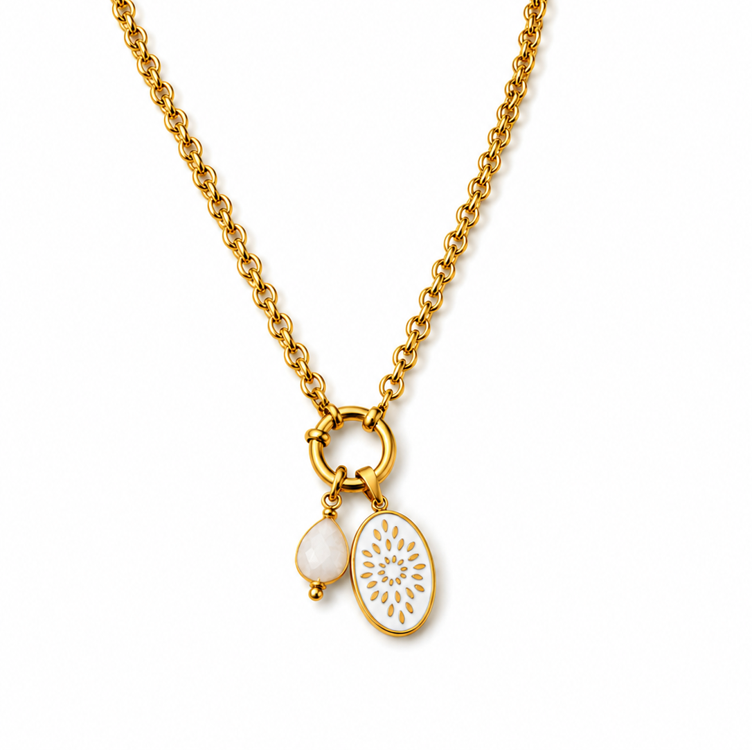 18k Gold Cable Link Necklace with White Shield & Drop Stone Pendant