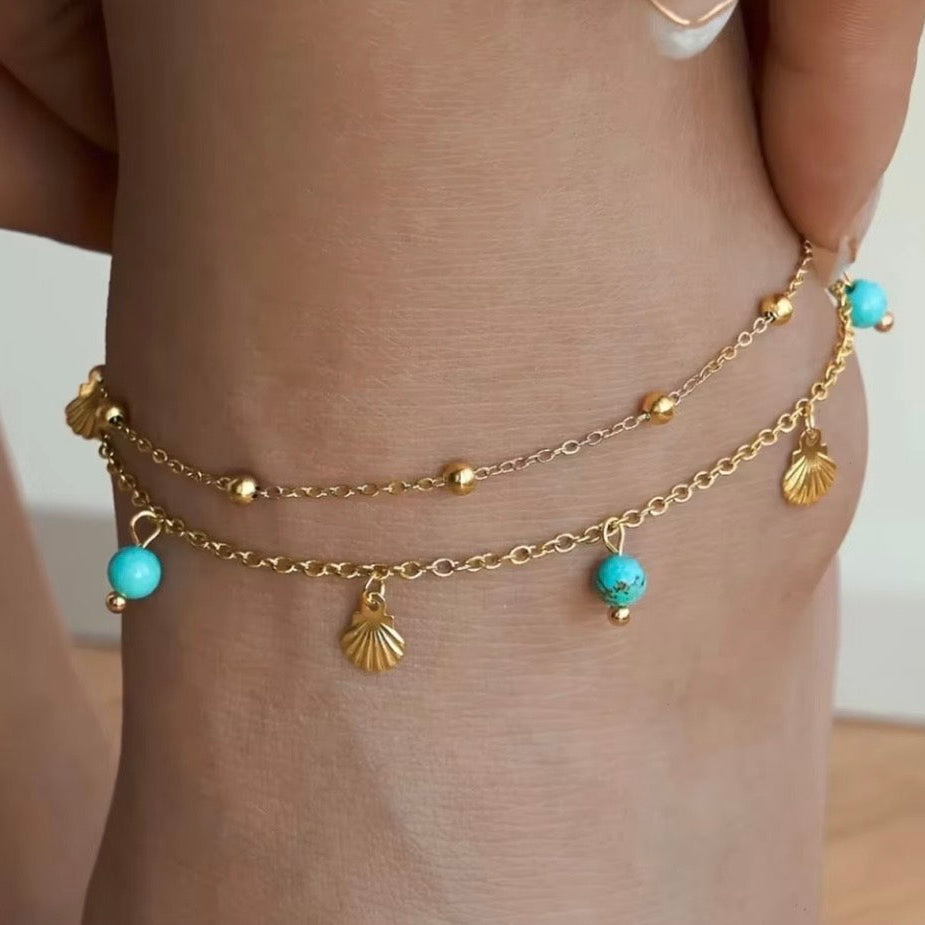 Double Layered Turquoise & Shell Anklet Chain