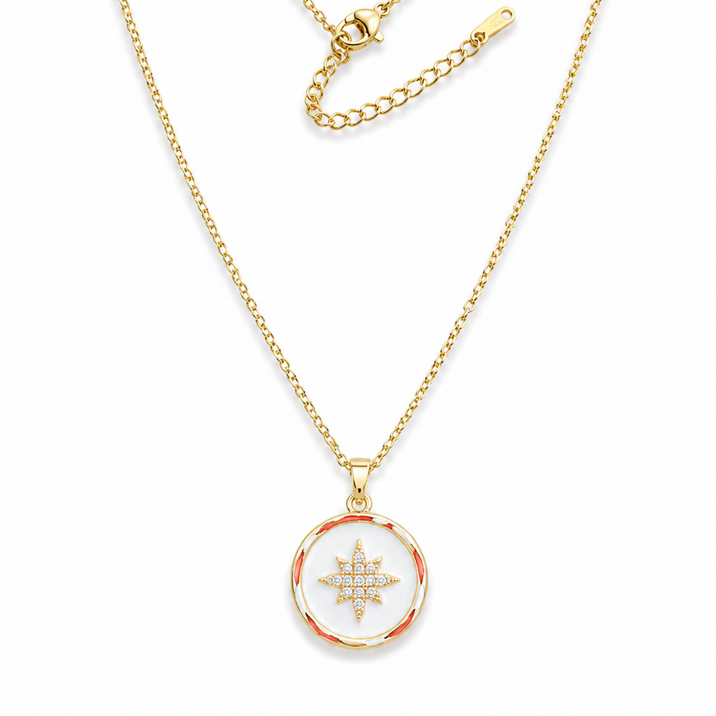 White Enamel & Gem Star Pendant on Fine 18k Gold Plated Chain