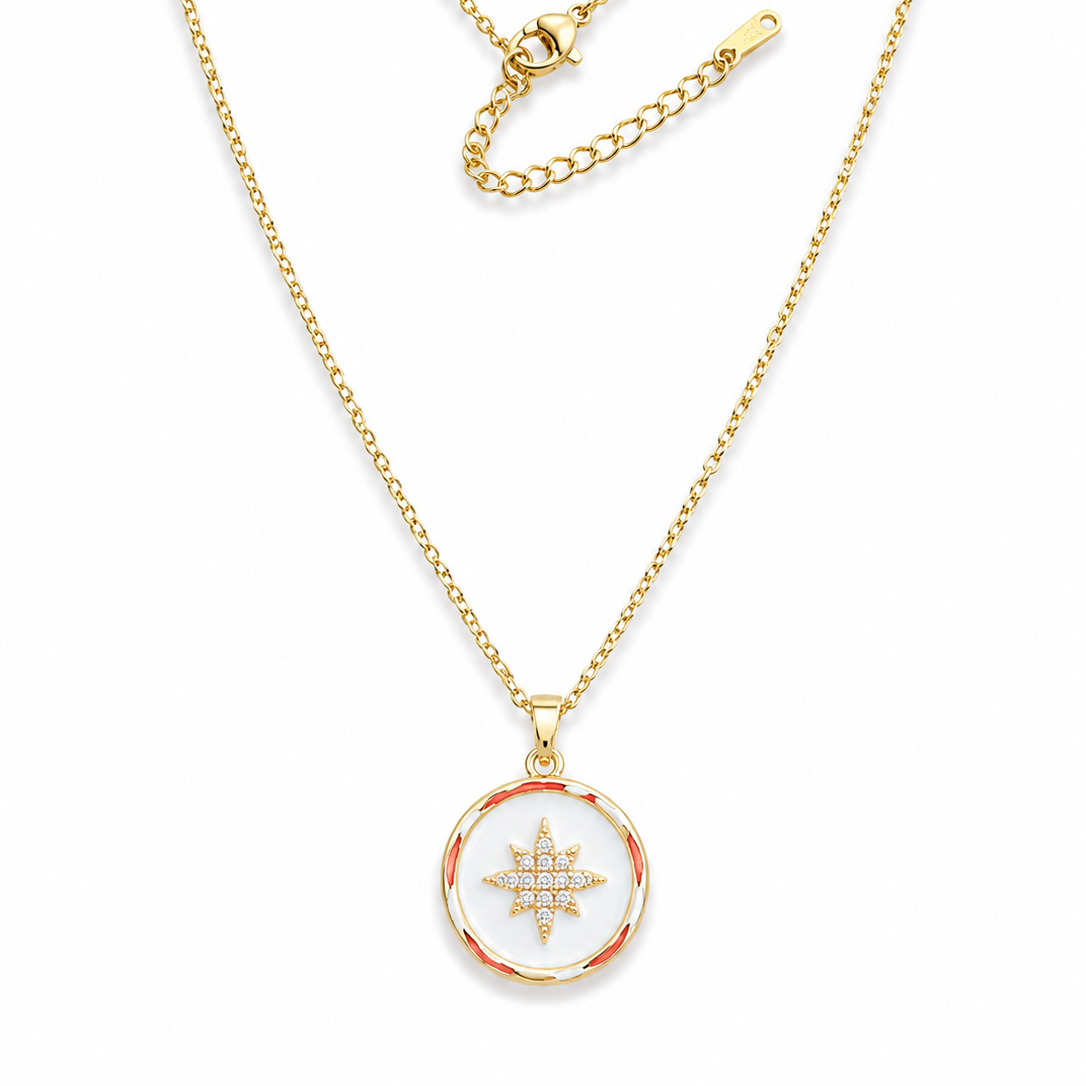 White Enamel & Gem Star Pendant on Fine 18k Gold Plated Chain
